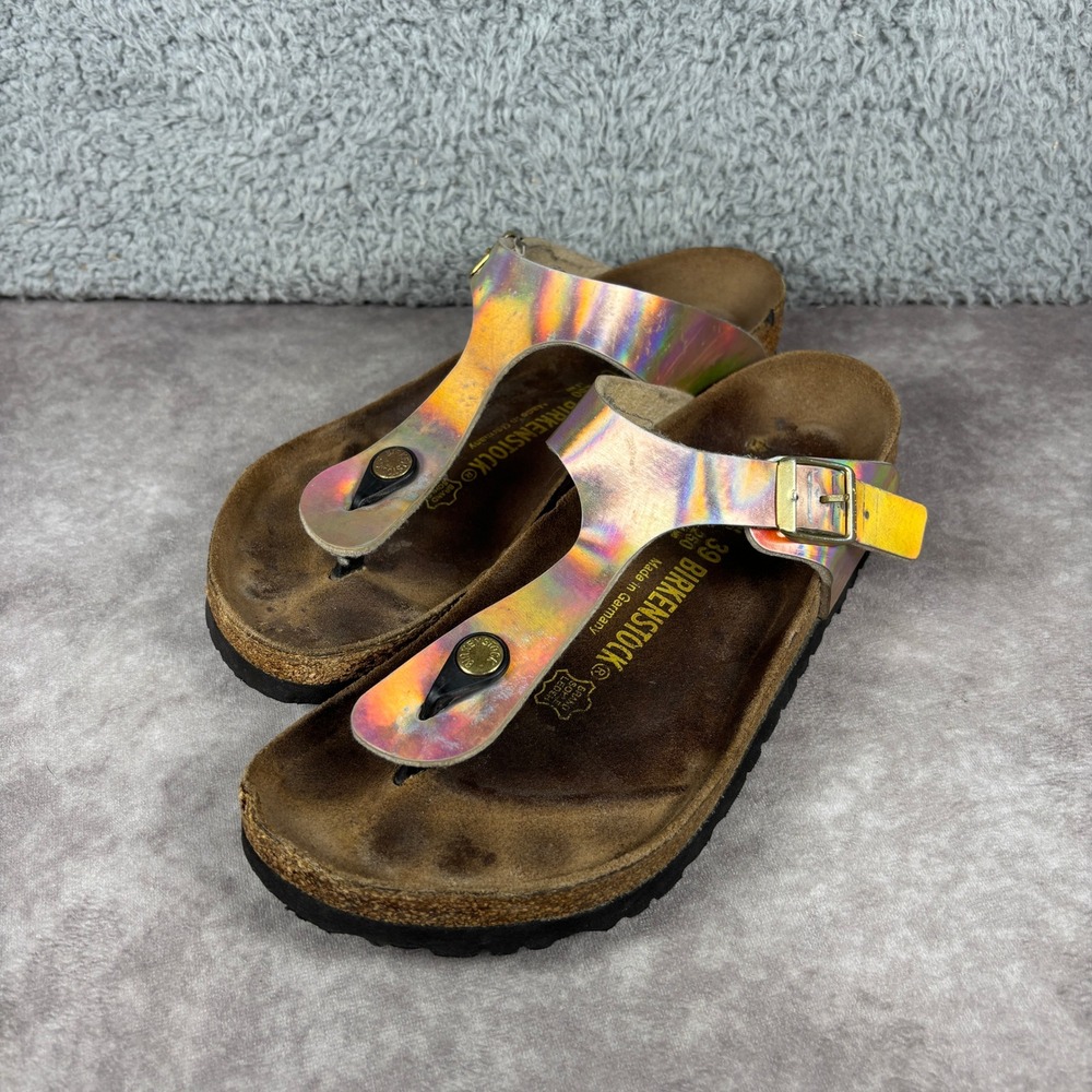 Birkenstock Gizeh Womens 39 Iridescent Holographic Thong Buckle Cork Sandals